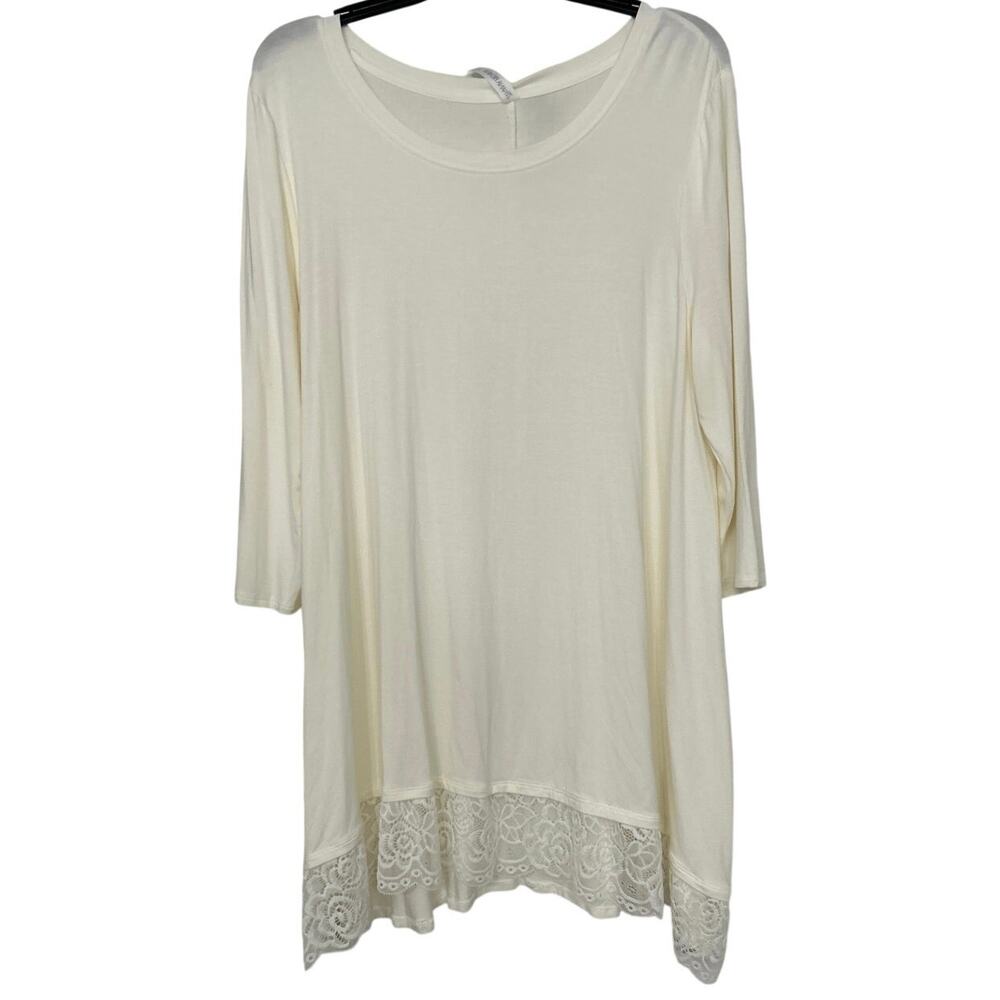 Zenana Boho Lace Hem Tunic Top Cream Flowy 3/4 Sleeve Soft Stretch Longline 2X